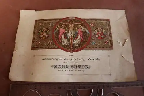 tolles altes Erinnerungsblatt - erste heilige Messopfer Priester aus Uffing 1900