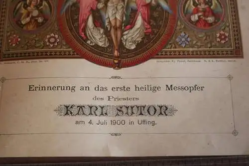 tolles altes Erinnerungsblatt - erste heilige Messopfer Priester aus Uffing 1900