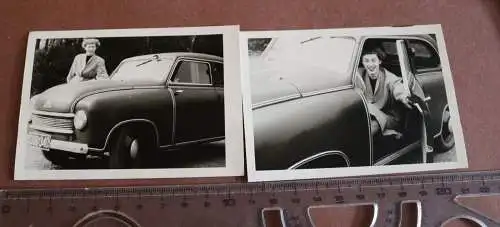 zwei tolle alte Fotos hübsche Frau und Oldtimer Lloyd 300 