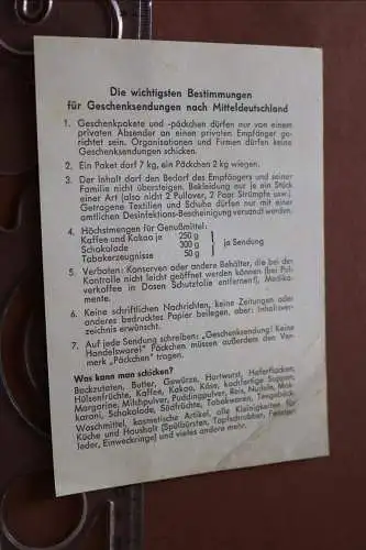 tolles altes Infoblatt über Geschenkpakete nach Mitteldeutschland / DDR