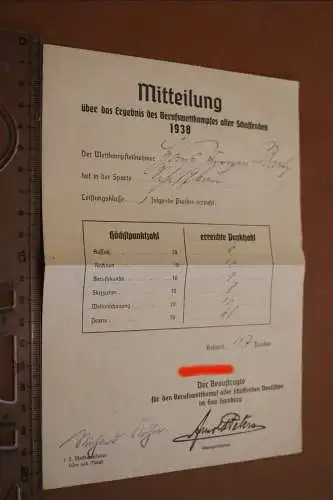 alter Mitteilungszettel - Punkte Berufswettkampfes 1938  Hamburg