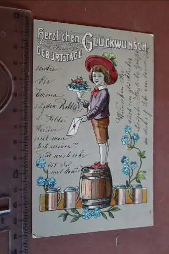 tolle alte Prägekarte - Geburtstagswünsche - Junge auf Fass 1905