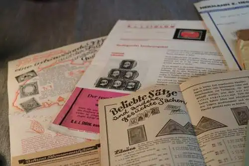 Konvolut alter Briefmarken-Werbungen, Briefmarkenhändler 30er Jahre 