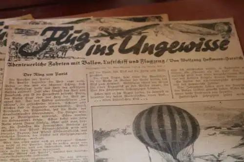 acht alte Zeitungsausschnitte - Flug ins Ungewisse - 30er Jahre 