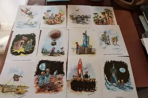24 alte Postkarten Karikaturen Luftfahrt - aus dem lustigen Fliegerkalender 