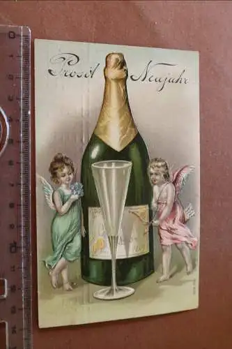 Tolle alte Prägekarte - Prost Neujahr - 1908-09 - Sektflasche mit Engel