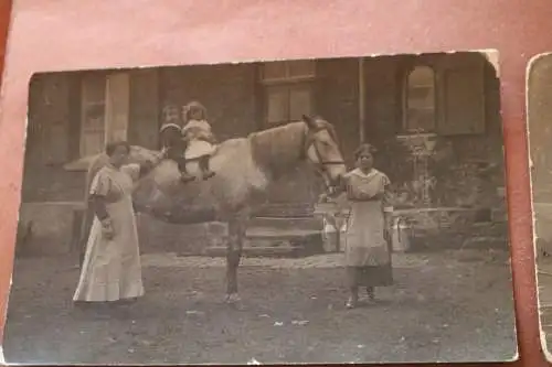 zwei alte Fotos - Kleinkinder auf Pferd - Mütter halten Pferd - 1910-20 ?