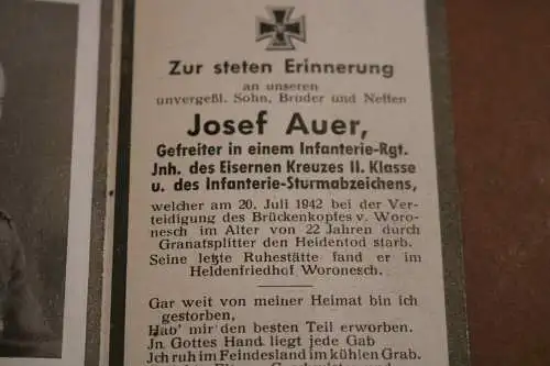 altes Sterbebild eines Soldaten Inf.Ers.Batl. 199 gefallen 1942 Woronesch