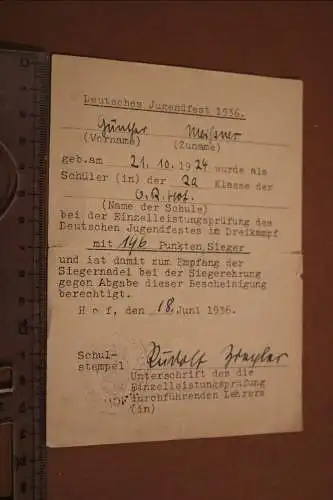 alte Bestätigung Siegernadel Jugendfest 1936 in Hof