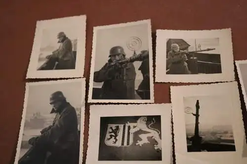 neun alte Fotos - Soldat auf Gebäude mit MG für Luftabwehr - Wappen Dresden ? 