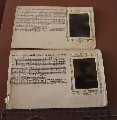 zwei tolle alte Liedkarte mit SW-Dia eines Soldaten des Musikkorps - Orden 