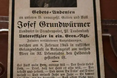altes Sterbebild eines Unteroffizier  1945 in russischer Gefangenschaft 