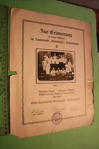 tolle alte Erinnerungsurkunde Turnverein Germania Lichtentanne 1928