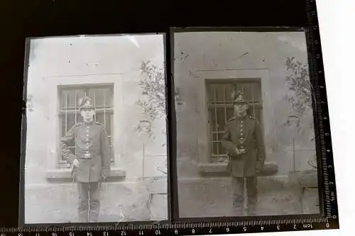 zwei tolle alte Glasnegative - junger Mann in Uniform - Polizei ?? Tschako 