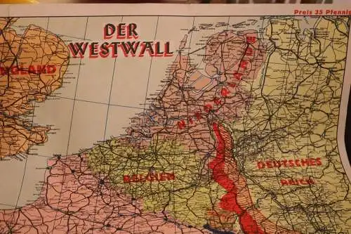 alte Landkarte - Deutschlands Grenzen im Westen - Westwall Maginot-Linie