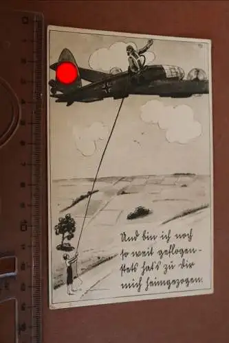 tolle alte Karte Karikatur - Flugzeug mit Pilot, Frau hält es am Seil 