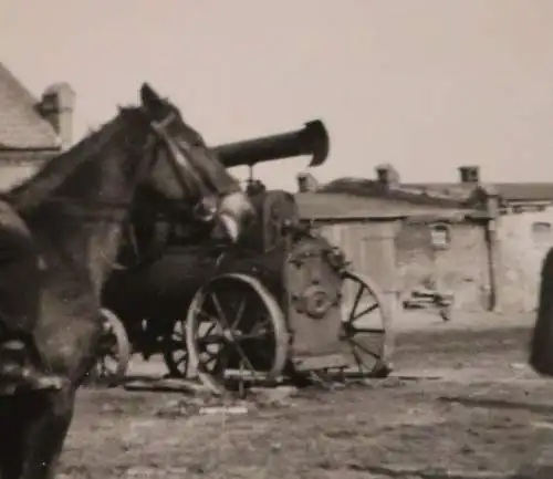 Tolles altes Foto - Mädchen auf Pferd - Hintergrund Dampfmaschine Dreschmaschine