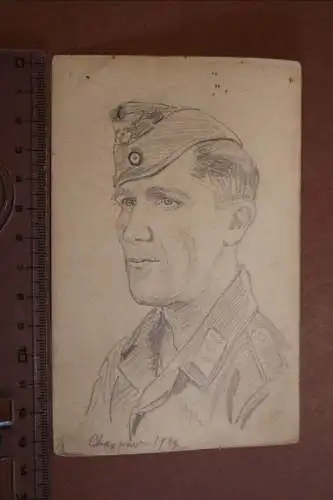 tolle alte Handzeichnung Portrait eines Soldaten der Luftwaffe Charkow 1942