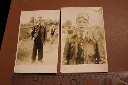 Zwei alte Fotos - Portrait Mann mit Lederjacke und Skibrille ?? Motorradbrille ?