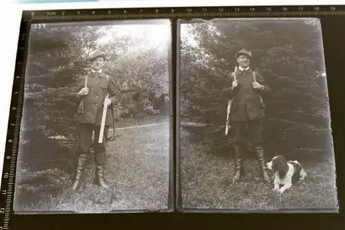 zwei tolle alte Glasnegative - Portrait eines Jägers mit Hund - 20-30er Jahre