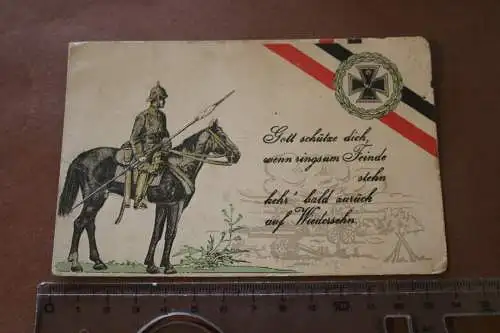 alte patriotische Prägekarte  Soldat auf Pferd mit Standarte