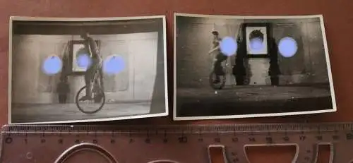 zwei alte Fotos Frontbetreuung ?? Mann auf Einrad - Lufttorpedo-Zug 12 Luftwaffe