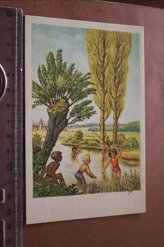 tolle alte Karte - Künstlerkarte ?? Kinder am See am baden - Alter ?