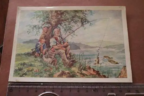 tolle alte Karte - Künstlerkarte ?? Angler am See  - Der Feinschmecker 