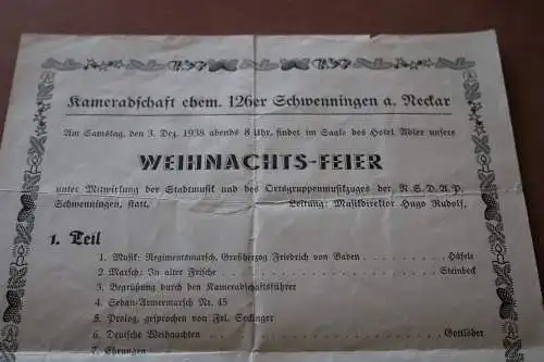 altes Programmblatt - Weihnachtsfeier Kameradschaft 126er Schwenningen 1938