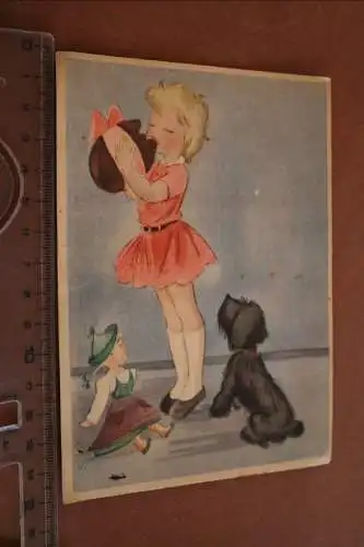 tolle alte Karte  Künstlerkarte - Mädchen Hund Puppe  1949
