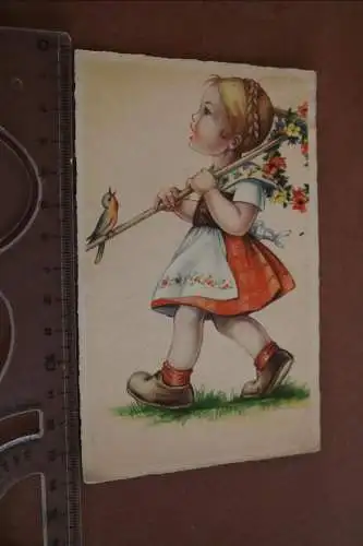tolle alte Karte  Künstlerkarte - Mädchen mit Vogel  1944