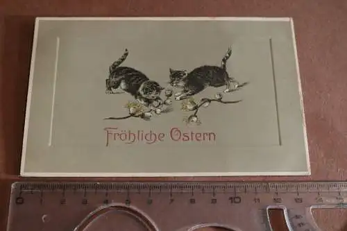 tolle alte Karte zwei Katzen spielen - Fröhliche Ostern  1909
