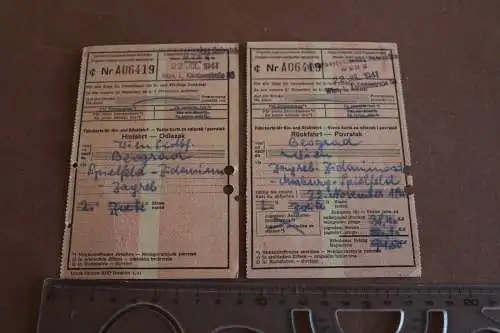zwei alte Fahrkarten Hin u. Rückfahrt Wien - Beograd  1941
