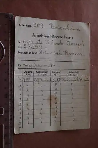 alte Arbeitszeit-Kontrollkarte  für Kriegsgefangene - Beienheim 1944 