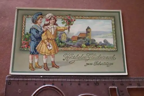 tolle alte Glückwunschkarte - Geburtstag  Kinder Stadtansicht 1910-20 ?