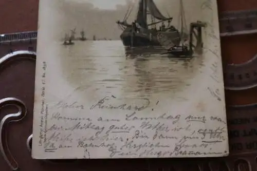 tolle alte Künstlerkarte  Binnenschiff - Frachtsegelboot ??  1900
