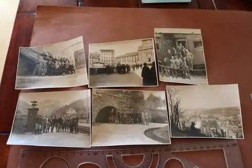sechs tolle alte Fotos Gruppenausflug Männer - Verein ? Bahnhof usw.  20-30er Ja