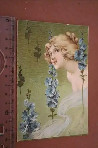 tolle alte Karte - Jugendstil ?? Portrait Frau mit Blumen - 1900-1910 ?