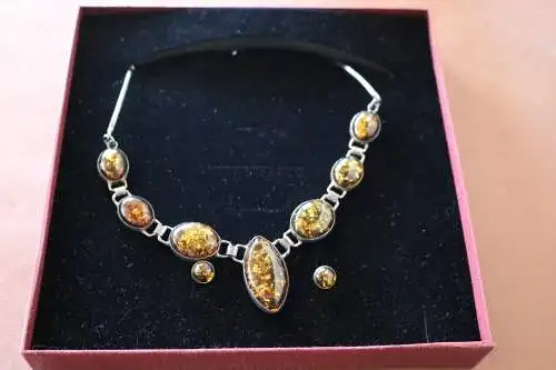 tolle alte Bernsteinkette mit Ohrstecker - 925er silber - Designer  J M  ?? 