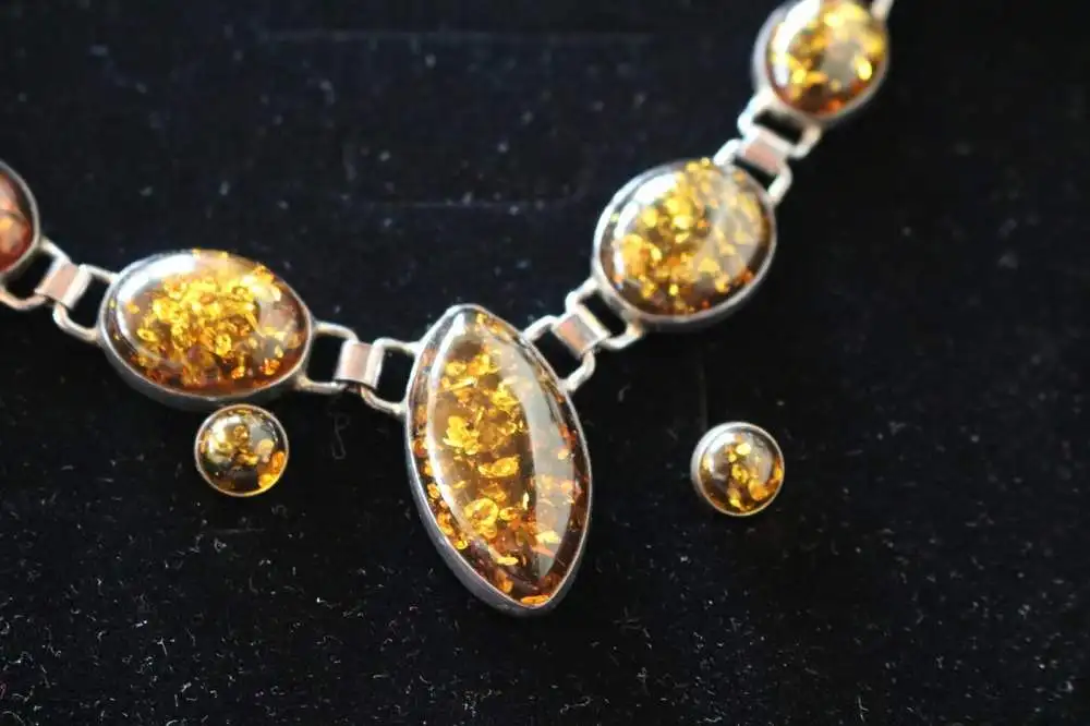 tolle alte Bernsteinkette mit Ohrstecker - 925er silber - Designer  J M  ??  1