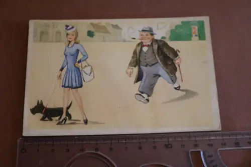 tolle alte Künstlerkarte - Frau mit Hund  und Geschäftmann 