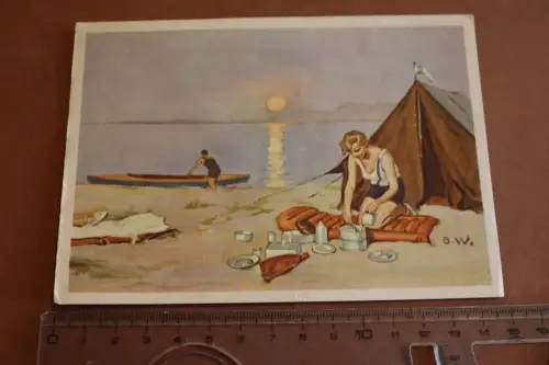 tolle alte Künstlerkarte - Werbung Klepperzelt Klepperboot 20-40er Jahre 