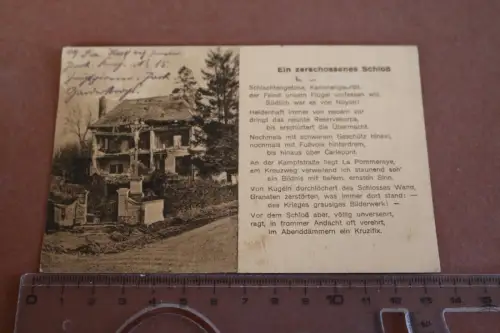 alte Karte - zerschossenes Schloß - Ort unkenntlich gemacht - Feldpost 1916