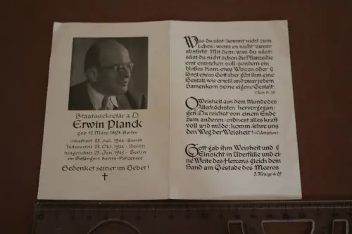 seltenes Sterbebildchen - Erwin Planck - hingerichtet durch die Nazis - 1945 