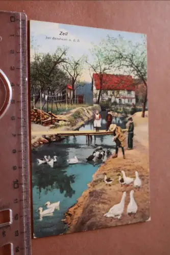 tolle alte Karte - Zell bei Bensheim a.d.B.  Kinder füttern Enten 1913
