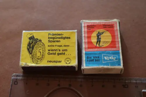 zwei alte Streichholzschachteln - neuspar und VeGe Olympia - Werbung 