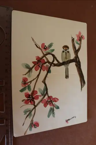 tolle alte Handgemaltes Bild , Aquarell ? Spatz auf einem zweig -sign. Raschdorf