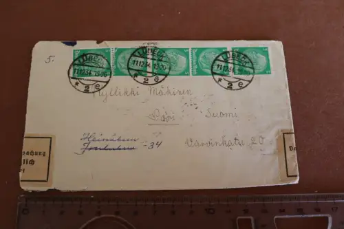 alter Umschlag vom Dt. Reich nach Finnland zollamtlich geöffnet  Bahnstempel1934