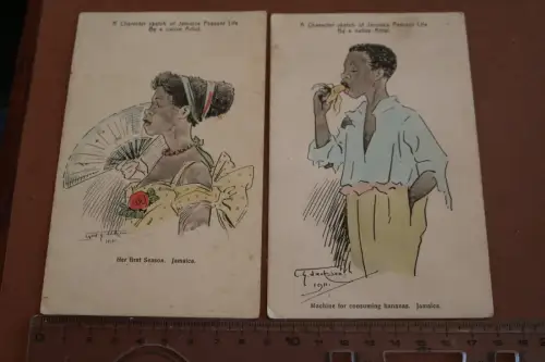 zwei tolle alte Künstlerkarten - Karrikaturen Jamaica -  20-30er Jahre ?