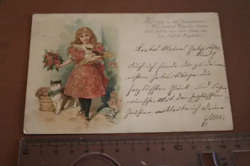 tolle alte  Künstlerkarte - Mädchen mit Kätzchen - Kleid aus kleinen Kügelchen ?